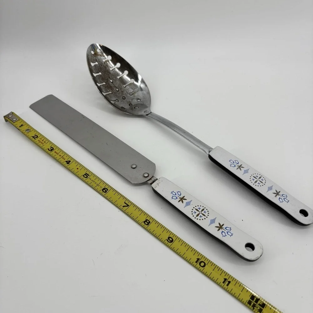 Vintage Ecko Blue Flower Dutch Tulip Stainless Cooking‎ Slotted And Cake Knife